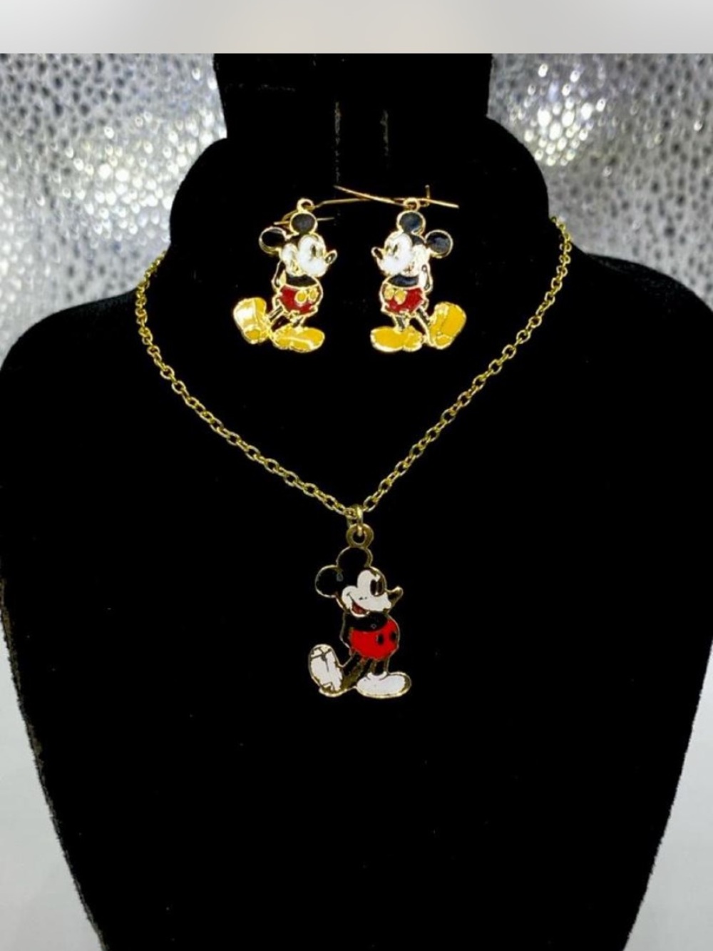 Disney *** Gold-Tone Black & Red Mickey Mouse Pendant Necklace /  Earring Set *